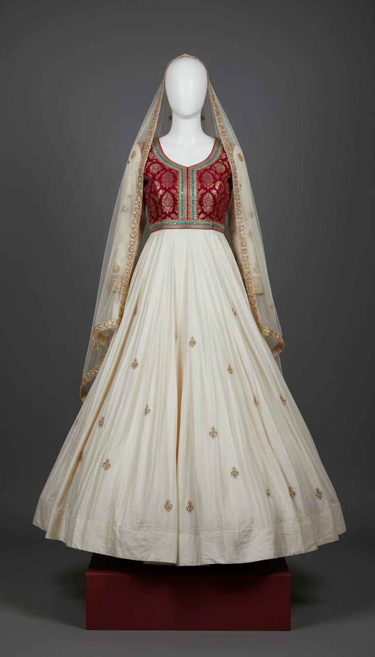 Ivory veil silk anarkali dress with gold accents