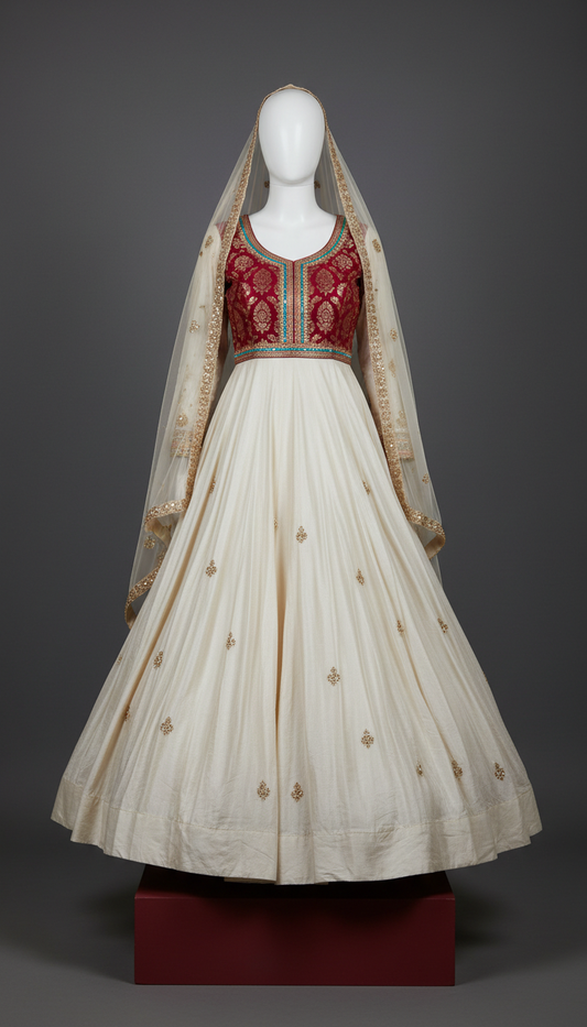 Ivory veil silk anarkali dress with gold accents