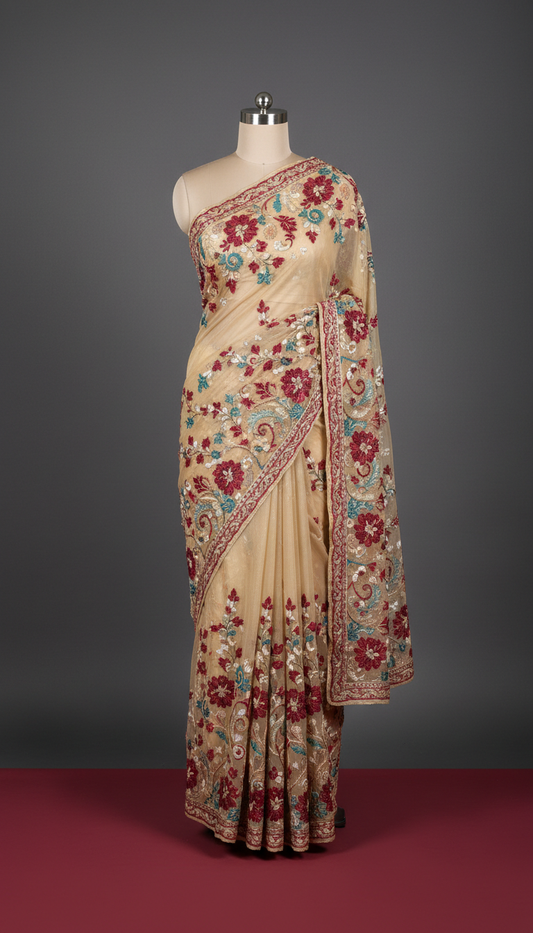 Champagne gold embroidered chiffon sari