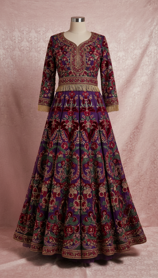 Embroidered Chiffon Dress in Royal Ruby