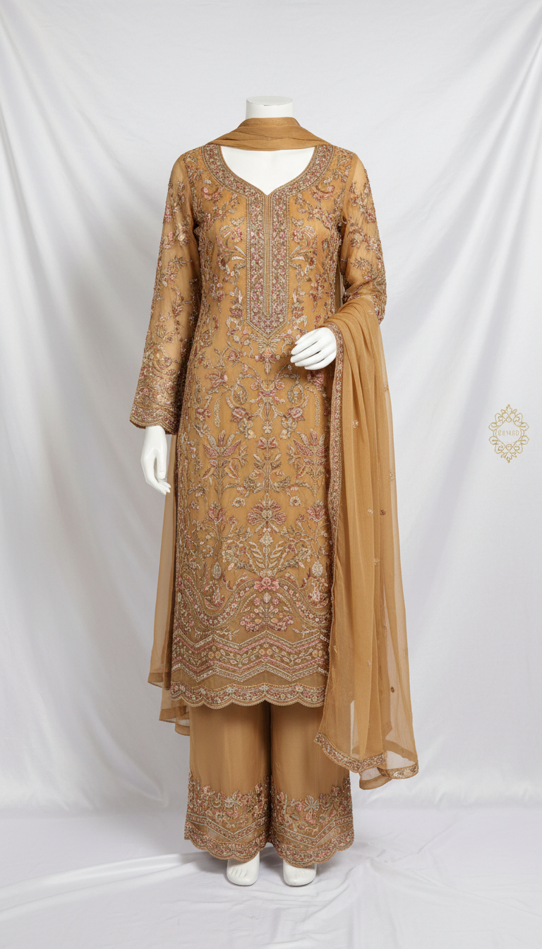 Amber Chiffon Embroidered Suit