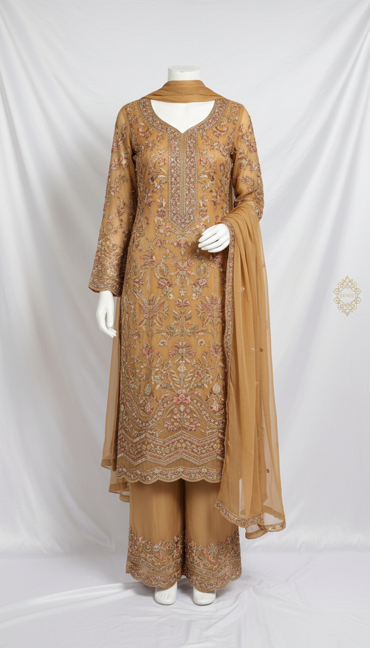 Amber Chiffon Embroidered Suit