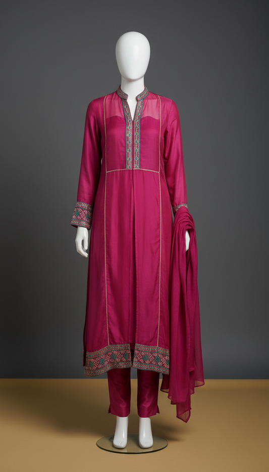 Silk fuchsia panel kurta set