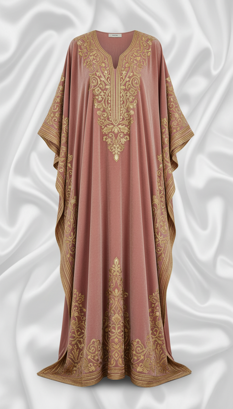 Velvet Dusty Rose Kaftan with Gold Detailing