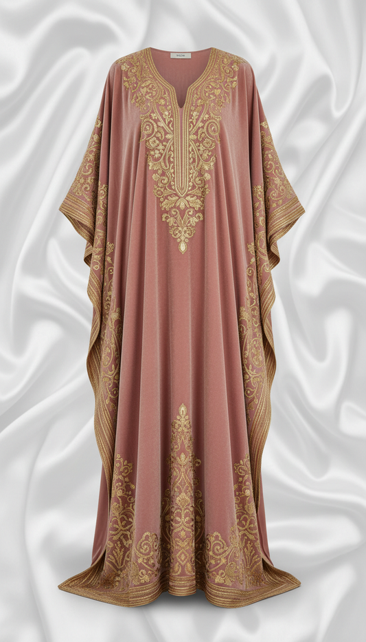 Velvet Dusty Rose Kaftan with Gold Detailing